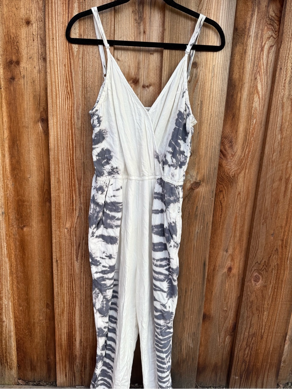 dolan White Tie-Dye Sleeveless Jumpsuit with Gray Accents